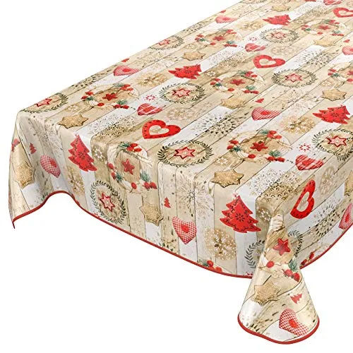 ANRO Tischdecke Weihnachtstischdecke abwaschbar Wachstischdecke Christmas Rot Beige 100x140cm mit Saum