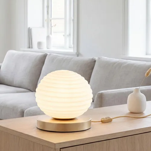 Moderne Tischlampe aus Metall und Glas E27, Ø 32 cm in Gold und Weiß - Stilvolle Tischlampe aus Metall und satiniertem Glas, ideal für eine gemütliche Atmosphäre. Perfekt als Nachttischlampe oder für das Wohnzimmer. Individuelle Lichtgestaltung durch E27 Leuchtmittel.