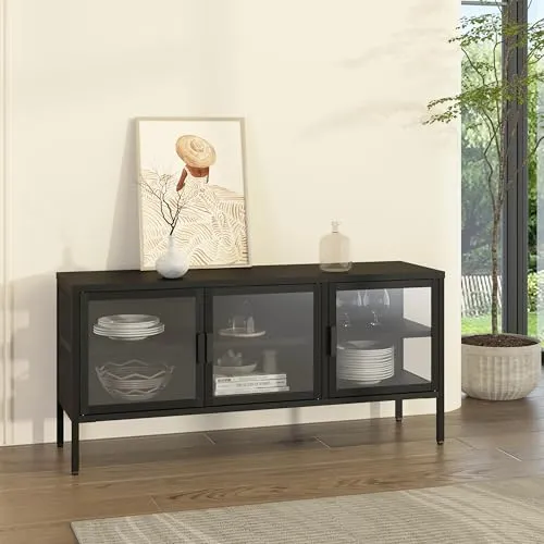 [en.casa] Vitrinenschrank Borshavisa - Elegantes Sideboard mit 3 Glastüren - Modernes Vitrinen-Sideboard aus schwarzem Stahl und Klarglas. Bietet viel Stauraum für Geschirr und Dekoration. Integrierte Kabeldurchlässe sorgen für Ordnung und eine stilvolle Optik.