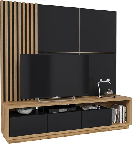 Moderne Wohnwand CONWY-83 in Schwarz Matt mit Eiche Nb. - Stylische 3-teilige Wohnwand CONWY-83 für dein Wohnzimmer. Die Kombination aus schwarz matt und Wotan Eiche Nb. schafft eine einladende Atmosphäre und ermöglicht individuelle Gestaltungsmöglichkeiten.