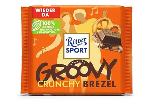 Ritter Sport Crunchy Brezel, Groovy, Vollmilchschokolade mit knusprigen Brezelstückchen, Schokoladen-Klassiker zum Genießen, Geschenkidee, 100g Tafel