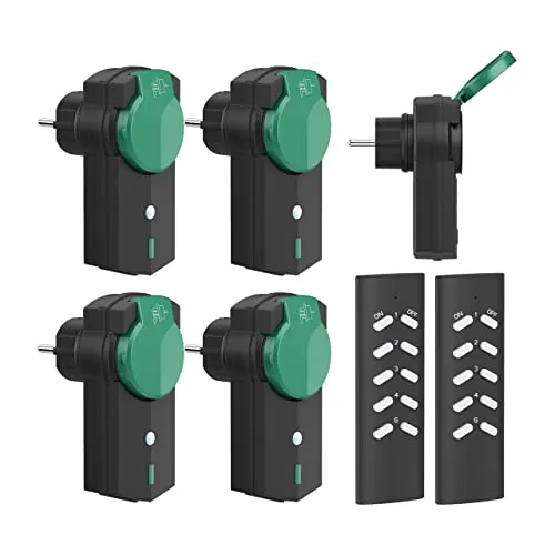 Funksteckdose Outdoor - TÜV-Zertifiziert, 5 Steckdosen mit 2 Fernbedienungen - Smart & Ferngesteuerte Stecker: Wasserdichte IP44 Funksteckdose für den Außenbereich, ideal zur Steuerung von Gartenbeleuchtung bis 30 m Reichweite. Hohe Leistung von 16A/3680W für vielseitigen Einsatz.