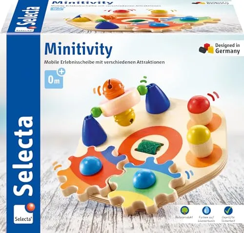 Selecta 62036 - Minitivity Motorik-Activity-Center aus Holz, 14 cm - Motorikspielzeug mit drei bunten Spielstationen, die die motorischen Fähigkeiten fördern. Ideal für zu Hause und unterwegs – einfach am Bettchen oder Buggy zu befestigen!