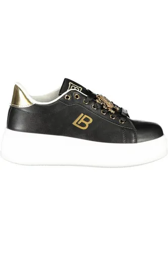 LAURA BIAGIOTTI Damen Sport-Sneaker Schwarz - Eleganter Damensneaker aus hochwertigem Kalbsleder mit abnehmbaren Strassdetails und 4 cm Keilabsatz. Ideal für modebewusste Frauen, die Stil und Komfort im Alltag schätzen.