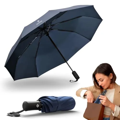 STYNGARD Regenschirm sturmfest - Taschenschirm mit Auf-zu-Automatik und Beschichtung gegen Feuchtigkeitsschäden - kurzer Griff - Modell BERGEN (blau)