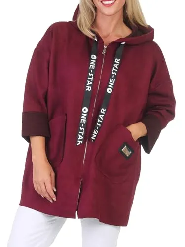 simaranda Sweatjacke Damen mit Kapuze Hoodie lange Übergangsjacke Kurzmantel uni mit Zipper 5325 (DE/NL/SE/PL, Numerisch, 36, 42, Regular, Regular, Bordo)