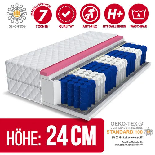 Matratze 90x190 cm MEMORY - 7-Zonen Taschenfederkern mit Visco-Schaum - Taschenfederkernmatratze mit 289 Federn/m², individuelle Anpassung durch Visco-Memory-Schaum, sorgt für optimale Druckentlastung und ruhigen Schlaf. Doppelseitig nutzbar in H2 und H3.
