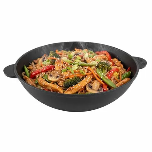 BIG-PAN Wokpfanne Gusseisen 30 cm, 4,7 L für alle Herdarten inkl. Induktion Asia Wok Bratpfanne Schmortopf Kazan Grill Kasan für Küche Plov ofenfest Kasan Cast Iron Pilav Schmorpfanne