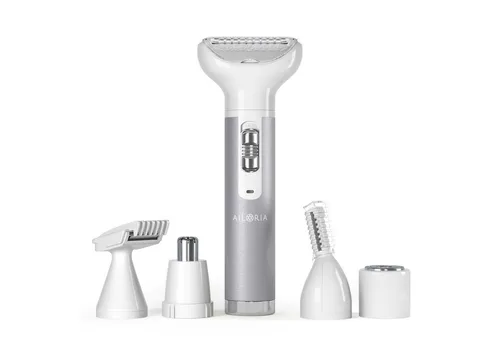 AILORIA Haarentferner-Set EVAPORE SET - Nasenhaarschneider mit 5 vielseitigen Aufsätzen, ideal für präzise Haarentfernung an verschiedenen Körperstellen. Inklusive USB-Ladekabel für kabellose Nutzung.