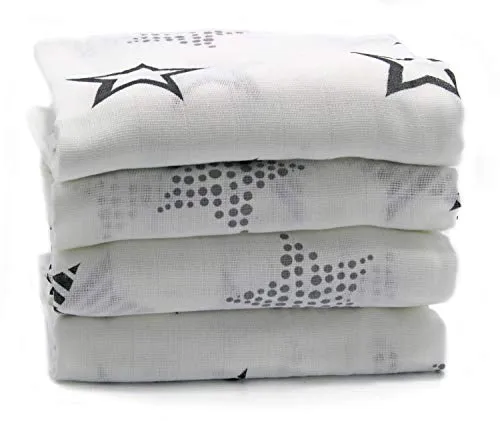 Clevere Kids Mulltücher Sterne SUPERIOR - 80x80 - Set 4 Stück - Öko-Tex Standard 100 (Orion weiß-hellgrau)