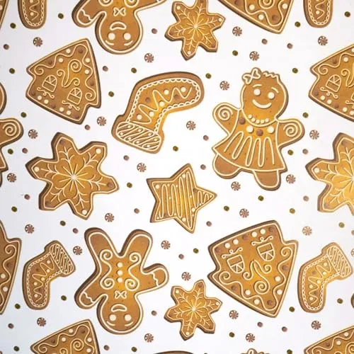 Weihnachtsgeschenkpapier 70cm x 2m Rolle Lebkuchen - Geschenkpapier mit Motiv für Weihnachten - Geschenkpapierrolle mit Weihnachtsmotiv - Weihnachtspapier neutral klassisch Weiß Braun