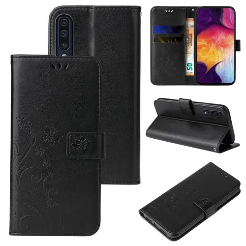 Handy Tasche für Samsung Galaxy A50 Handyhülle Blumen Buch Klapp Cover Schwarz