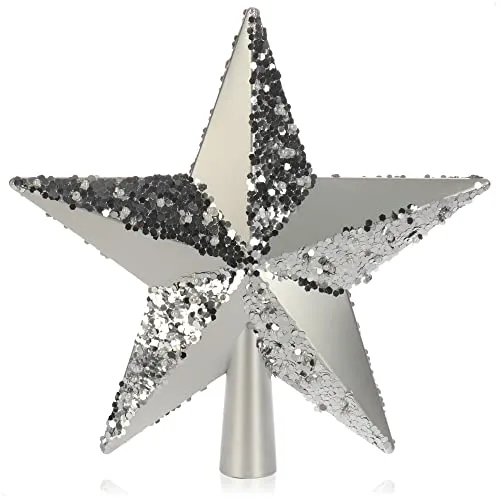 COM-FOUR® Silberfarbene Christbaumspitze in Stern-Form - Weihnachtsbaumschmuck - Stern für die Weihnachtsbaum-Spitze - Christbaum-Schmuck aus Kunststoff (silberfarben. glitzernd)