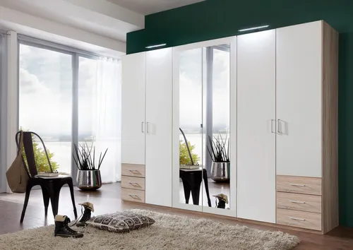 Boxxx Kleiderschrank in Weiß und Eiche - Drehtürenschrank mit 3 Fächern und 6 Schubladen, bietet viel Stauraum und sorgt für Ordnung im Schlafzimmer. Made in Germany für höchste Qualität und ansprechendes Design.