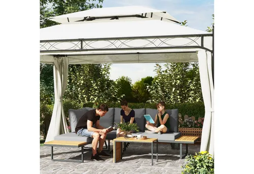 Outsunny Akazienholz Gartenmöbel Set für 6 Personen - Gartensofas aus robustem Akazienholz und Stahlrahmen, multifunktional mit verstellbarer Rückenlehne und komfortablen Kissen für entspannte Stunden im Freien.