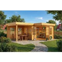 Alpholz Gartenhaus Holz 5-Eck Pepe - Gartenhaus aus nordischer Fichte, imprägniert, mit 5 Ausstellfenstern für optimale Beleuchtung und einem modernen Flachdachdesign. Ideal für Gartenliebhaber!