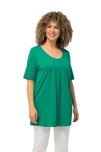 Ulla Popken Damen große Größen Übergrößen Plus Size T-Shirt, Zierfalten, A-Linie, Rundhals, Halbarm, Modal smaragd 50+ 796473458-50+