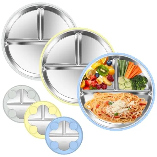Bzavor 3 Stück Babyteller Mit Saugnapf, Edelstahl Teller Baby mit 4 Saugnäpfen, Edelstahl Baby Teller mit Saugnapf, BPA-frei, Rutschfeste,Kinderteller mit Saugnapf,Abnehmbare Silikonhülle für Schule