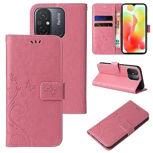 LBH Handy Hülle für Xiaomi Redmi 12C Case Handytasche Schmetterling Blumen Flower Standfunktion Schutzhülle Magnet Rundum Schutz 360 Grad Flipcase Cover Rosegold