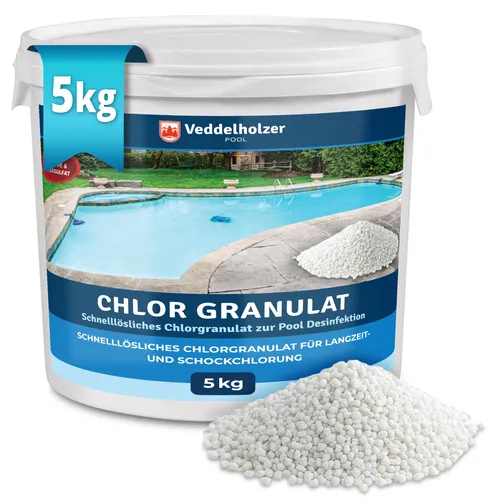 Veddelholzer 5 kg Chlor Granulat für Pool – Schnelllösliches Schockchlor für klare Wasserpflege - Ideal für die Poolsaison: Das schnell lösliche Granulat sorgt für eine zuverlässige Grunddesinfektion und unterstützt die Wasserpflege bei trübem Wasser. Perfekt für Pools ab 20 m³ und für eine effektive Wasserhygiene.