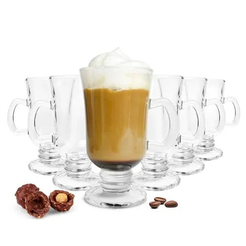 Sendez Irish Coffee Gläser 250 ml mit Fuß & Henkel – Transparentes Pressglas, robuste Heißgetränkegläser für Irish Coffee, Cappuccino, Tee & Heiße Schokolade – Spülmaschinengeeignet