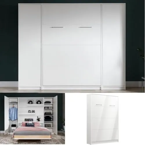 QMM TraumMoebel Schrankbett Wandbett Wandklappbett vertikal VB 140x200 mit Lattenrost und 2 Schränken weiß, Eiche Sonoma Lancelot schwarz Schlafzimmer Set neu (Weiß Hochglanz (Fronten))