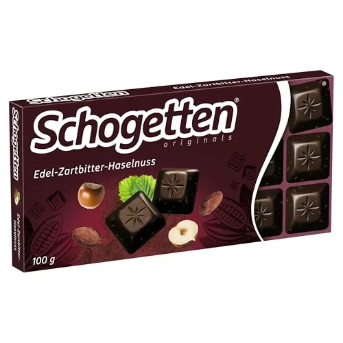 Schogetten Edel-Zartbitter-Haselnuss 100g Schokoladentafel, praktisch einzeln portioniert. Ein Genuss. Stück für Stück.