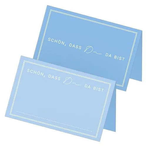itenga 48x Tischkarten „Schön, DASS du da bist“ – Design V3 – Moderne Platzkarten für Hochzeit, Taufe, Geburtstag – 9 x 5 cm – in 13 Farben erhältlich (hellblau)