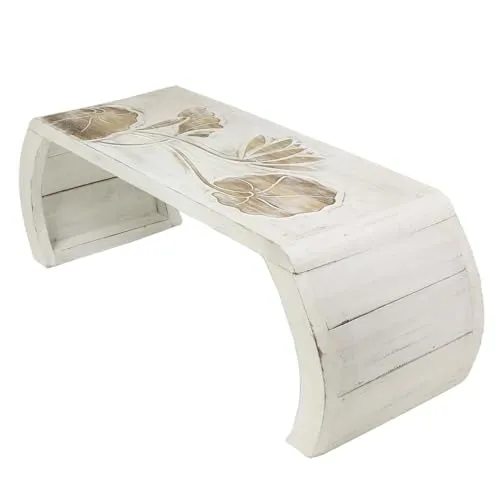 Oriental Galerie Beistelltisch Lotus – Handgefertigter Opiumtisch - Beistelltisch mit kunstvollen Lotus Schnitzereien, ideal als Couchtisch, Blumentisch oder Laptoptisch. Handarbeit aus Bali, einzigartig und vielseitig.