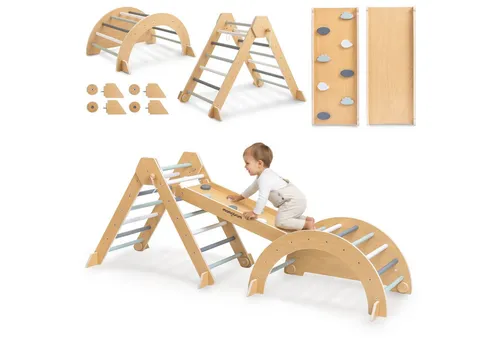 mamabrum Indoor Spielplatz aus Holz – 3-in-1 Kletterset mit Pikler Dreieck, Kletterbogen und Rutsche