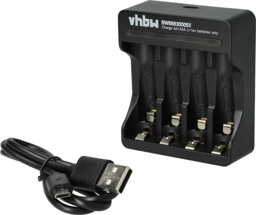 vhbw 4-Fach Akku-Ladegerät kompatibel mit AAA, AA Li-Ion - Akkuzellen, Haushaltsbatterien - Micro-USB-Ladegerät