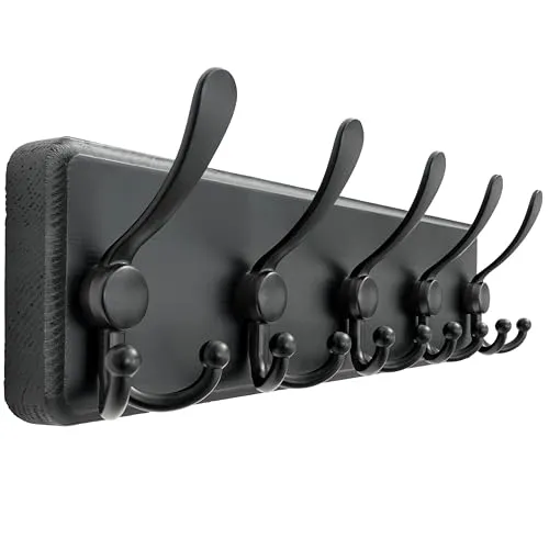 Dseap Garderobe, Garderobenhaken - Robust Vintage Garderobenleiste Holz mit 5 Dreifachhaken, Kleiderhaken Wand, Hakenleiste, für Jacken Mäntel Handtaschen, Schwarz