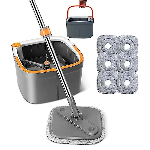 Feloyal Bodenwischer Wischmopp Set Spin Mopp und Eimer Set mit 6 Mikrofaser-Mopppads mit Selbsttrennendem Schmutz und Frischwassersystem Selbstauswringendem um 360°Drehbarem Quadratischem Moppkopf