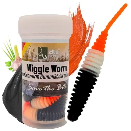 Zite Fishing Wiggle Worm Mix 10 Stück – Lamellen-Gummiwurm für Ultra Light Forellen Angeln - 5,5cm Gummiköder & Phthalatfrei (8. Turbo Knoblauch)