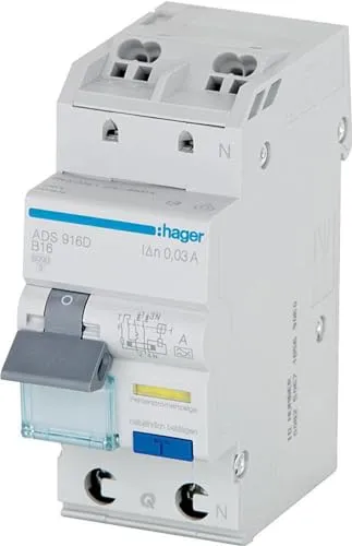 Hager ADS966D FI-LS 1P+N 6kA C-16A 30mA A QC&QB - Fehlerstrom-Leitungsschutzschalter für sichere Stromversorgung, mit QuickConnect Klemme für einfache Installation und bis zu 6 kA Abschaltvermögen, ideal für Wohn- und Gewerbeinstallationen.