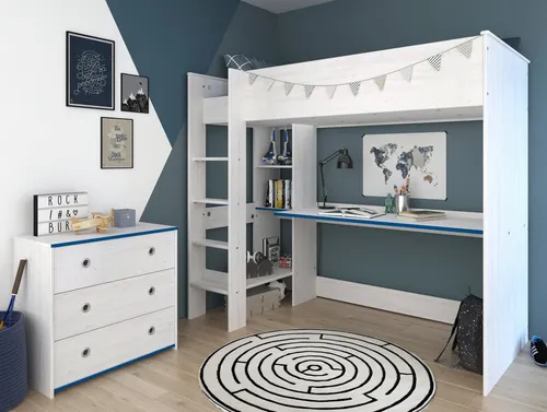 Parisot Jugendzimmer-Set Tivaro, Hochbett mit Schreibtisch und Kommode - Praktisches 2-teiliges Jugendzimmer-Set Tivaro in weißem Kiefer-Dekor mit wählbaren Kanten in Blau oder Pink. Inklusive Hochbett mit Arbeitsplatz und stabiler Kommode. Ideal für kreative Rückzugsorte.
