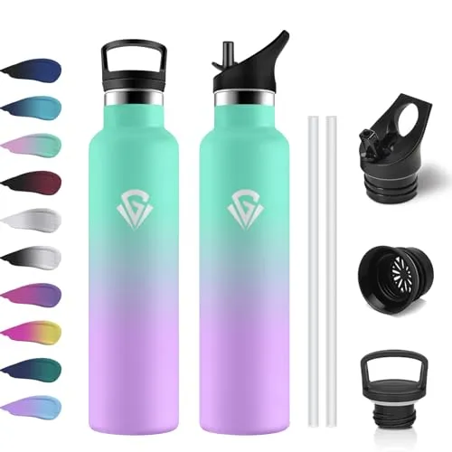 Edelstahl Trinkflasche 1L, Thermoskanne mit Strohhalm, Metall Wasserflasche Doppelwandig Isoliert, BPA-Frei , Kohlensäure Geeignet, Isolierflasche für Picknick, Schule, Fitness, Sprudel, Büro