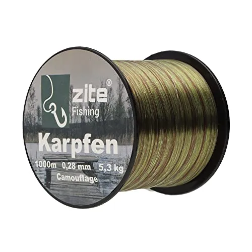 Zite Fishing Monofile Angelschnur in Camouflage – Karpfen-Schnur 0,28mm 1000m Spule - Abriebfeste Carp-Line Nylon-Schnur mit 5,3kg Tragkraft