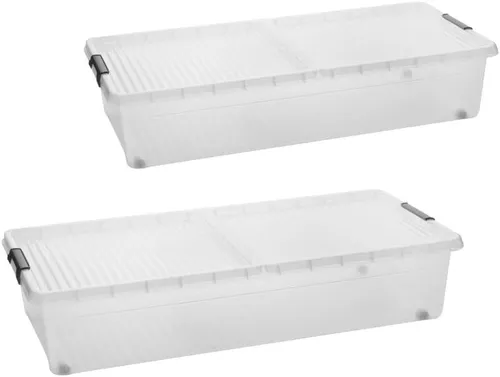 2er Set Unterbettkommode mit Rollen - Praktische Aufbewahrungsboxen aus transparentem Kunststoff, ideal für platzsparende Ordnung unter dem Bett. Mit abnehmbarer Abdeckung und Rollen für einfachen Zugriff.