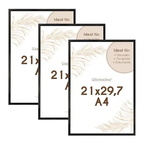 Wackadoo Bilderrahmen A4 21x29.7 (DIN A4) Schwarz 3er Set Fotowand Fotorahmen aus leichtem Kunststoff mit Glas Picture frame Poster