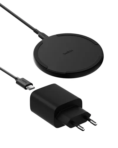Belkin Kabelloses Ladepad 15 W – Qi Ladegerät für iPhone und Samsung - Kabelloses Qi-Ladegerät, ideal für iPhone und Samsung Galaxy mit sicherem Laden in der Hülle, inklusive 20-W-Netzteil und 1,5 m USB-C-Kabel, nachhaltig hergestellt und mit 2 Jahren Garantie.
