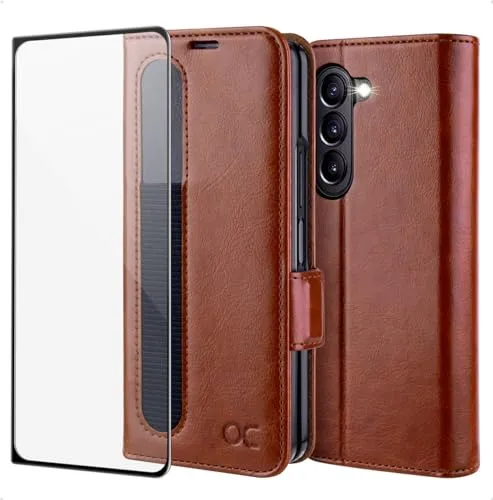 OCASE Aktualisierte Version Hülle Samsung Galaxy Z Fold 5 5G Handyhülle [mit S Pen Halter] [Vorderseite Displayschutz] [Premium PU Leder] [Kartenfach] Cover RFID Schutzhülle Etui Klapphülle Braun