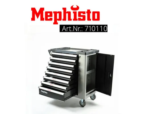 Mephisto Premium Werkzeugwagen mit Edelstahlablage und 8 Schubladen - Werkzeugschrank aus kaltgewalztem Stahl, 8 belastbare Schubladen, abschließbar, inklusive hochwertiger Edelstahlablage und mobiler Ausstattung für optimale Werkstattorganisation.