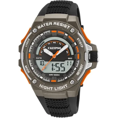 Calypso Digitale Analog Herrenuhr Kautschuk Schwarz - Quarz, 10 ATM, Datum, Stoppuhr, Dualzeit, Licht, Alarm, 12/24 Std - K5768/2 Flash Time