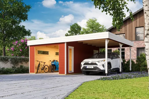 Lasita Garage Pultdach 44 mm Bahamas ohne Tor in Rot - Gartenhaus, 34.59 m² Nutzfläche, abschließbar und aus robustem Holz gefertigt – ideal für die sichere Unterbringung Ihres Fahrzeugs.