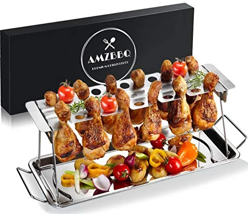 AMZBBQ® Premium Hähnchenschenkel Halter für 12 Keulen - Grill-Werkzeuge für saftige Hähnchenkeulen – Robuster Edelstahl, spülmaschinengeeignet, sorgt für perfektes Grillen mit krossen Außenseiten und zartem Fleisch.