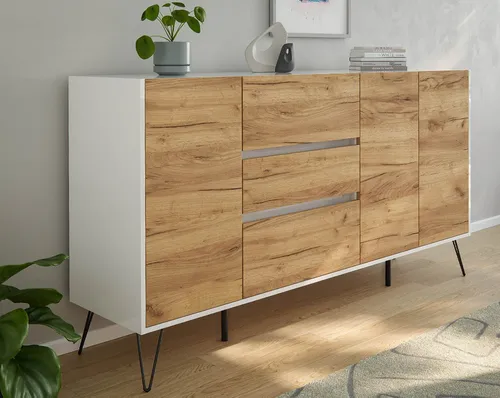 Posseik Waschtisch-Set Sideboard FAVIER 180x94 cm, weiß-eiche - Elegantes Sideboard FAVIER mit 3 Schubladen und 3 Türen. Modernes Design mit hochglanz-weißer Lackierung und stabilen Metallfüßen im Industrial-Stil. Viel Stauraum für eine stilvolle Wohnraumgestaltung.
