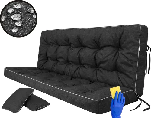Hochwertige Bankauflage für Schaukelkissen - 120 cm, schwarz - Gartenmöbelauflagen aus 100% wasserdichtem Polyester, leicht zu reinigen und ideal für Gartenbank oder Hollywoodschaukel, inkl. 2 Seitenkissen für zusätzlichen Komfort.