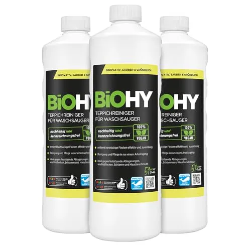 BiOHY Teppichreiniger für Waschsauger (3 x 1 Liter) | geeignet für alle Waschsauger | entfernt Flecken und Schmutz mühelos | Reinigung und Pflege in einem | materialschonend & tierfreundlich