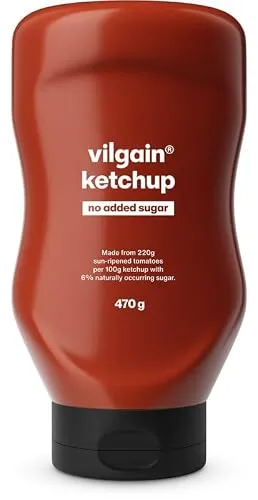 Vilgain Ketchup Ohne Zuckerzusatz (470 g) Tomatenketchup – Veganer Low Carb Tomatensauce Aus 7 Natürlichen Zutaten, Handwerkliche Herstellung Ohne Konservierungsstoffe, Kalorienarmer Fitness Snack